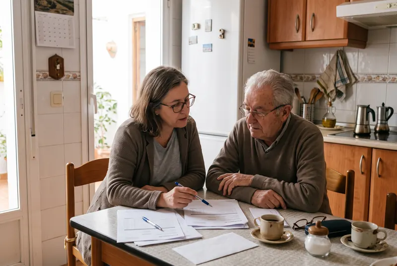 Mujer y su padre revisando en la cocina el presupuesto y las ayudas para un salvaescaleras
