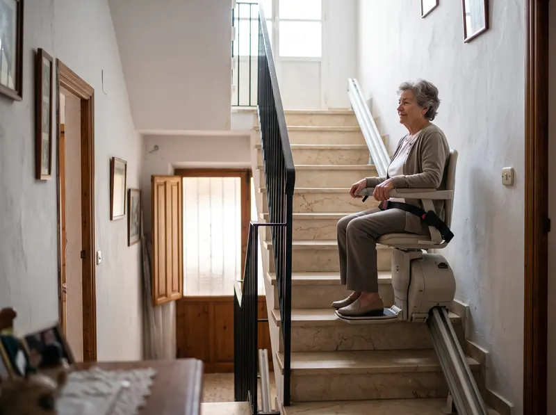 Mujer mayor subiendo la escalera de su casa sentada en una silla salvaescaleras